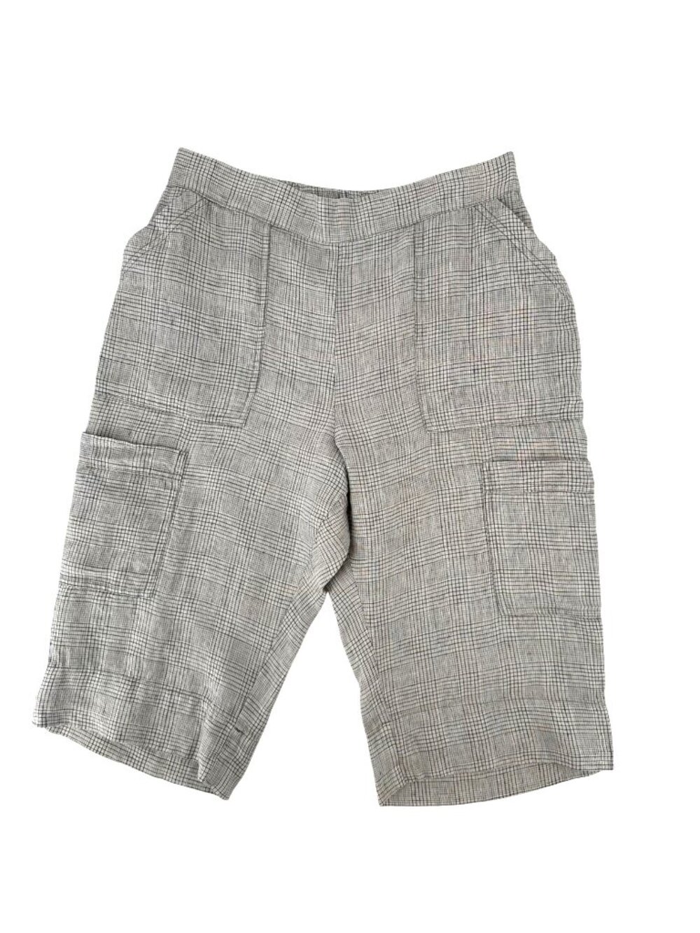NWOT Flax Womens Plaid 100% Linen Elastic Waist Cargo Shorts Gray Size Small
